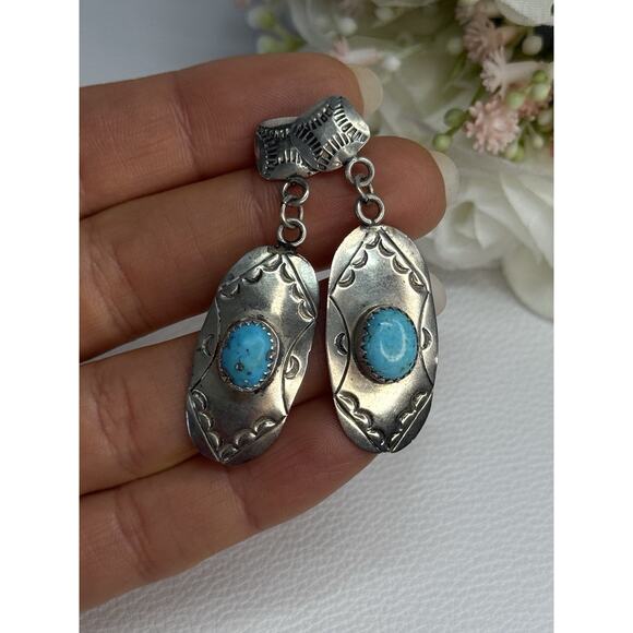 10be73f7-ae1d-5499-900b-  Vintage Native American 925 Sterling Turquoise Silver Earrings Length 1.90 Inch